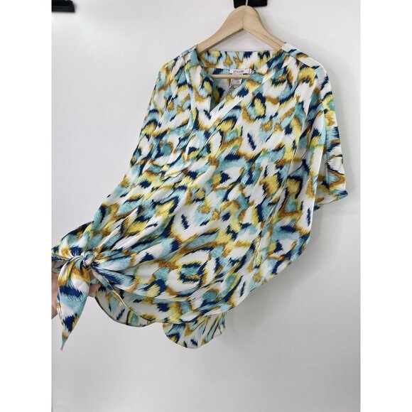 Chicos Ikat Print‎ Satin Poncho Lightweight Tie Front Blouse Sz 1.5 Boho Artsy - Picture 4 of 11